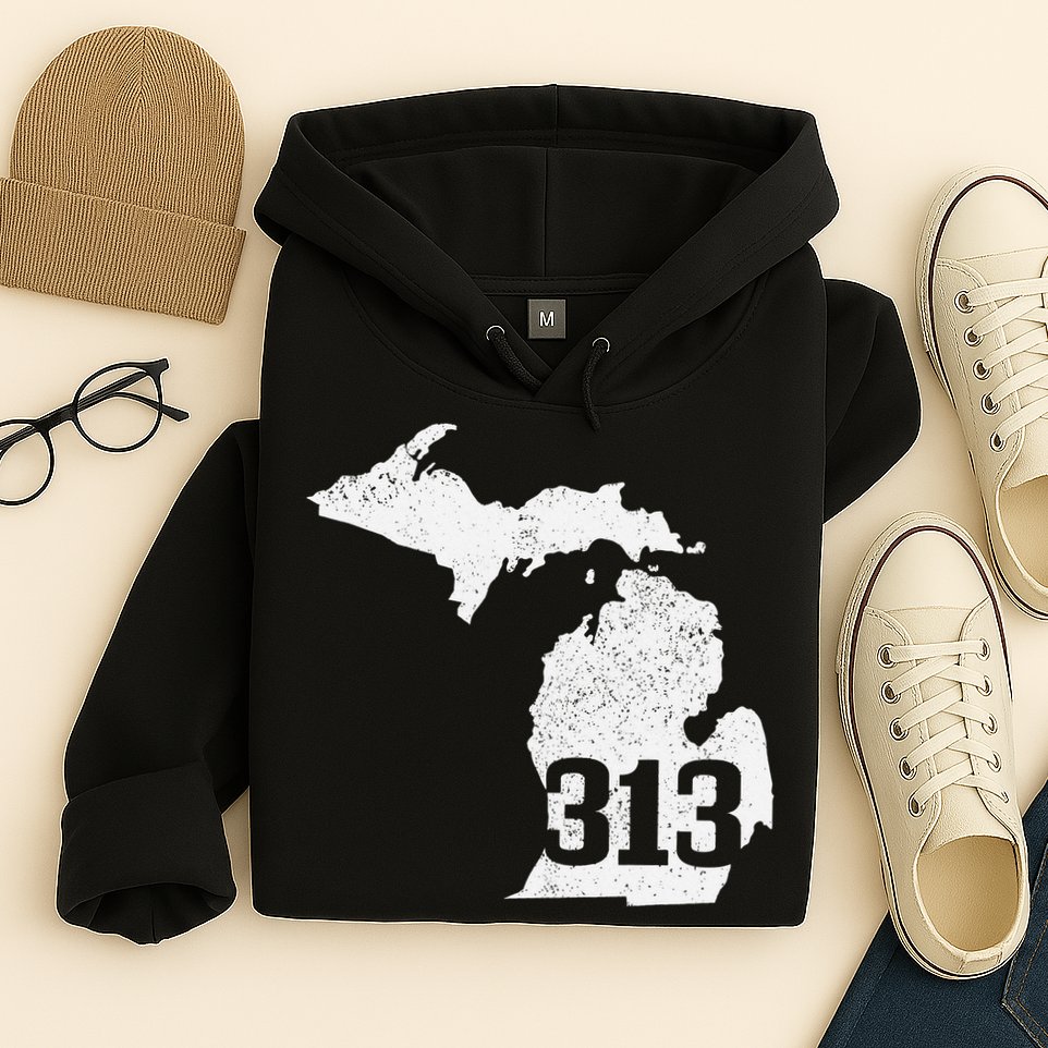 Detroit 313 Area Code Michigan Map State Pride Vintage Hoodie