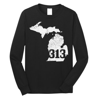 Detroit 313 Area Code Michigan Map State Pride Vintage Long Sleeve Shirt