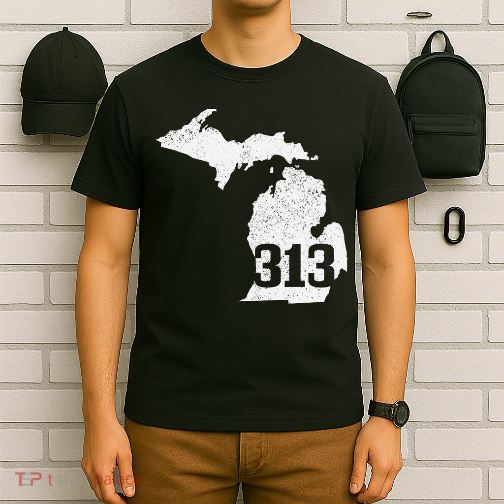Detroit 313 Area Code Michigan Map State Pride Vintage T-Shirt