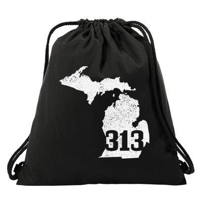 Detroit 313 Area Code Michigan Map State Pride Vintage Drawstring Bag