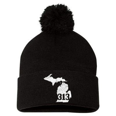 Detroit 313 Area Code Michigan Map State Pride Vintage Pom Pom 12in Knit Beanie