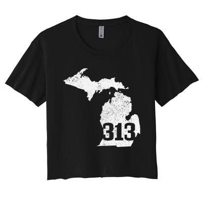 Detroit 313 Area Code Michigan Map State Pride Vintage Women's Crop Top Tee