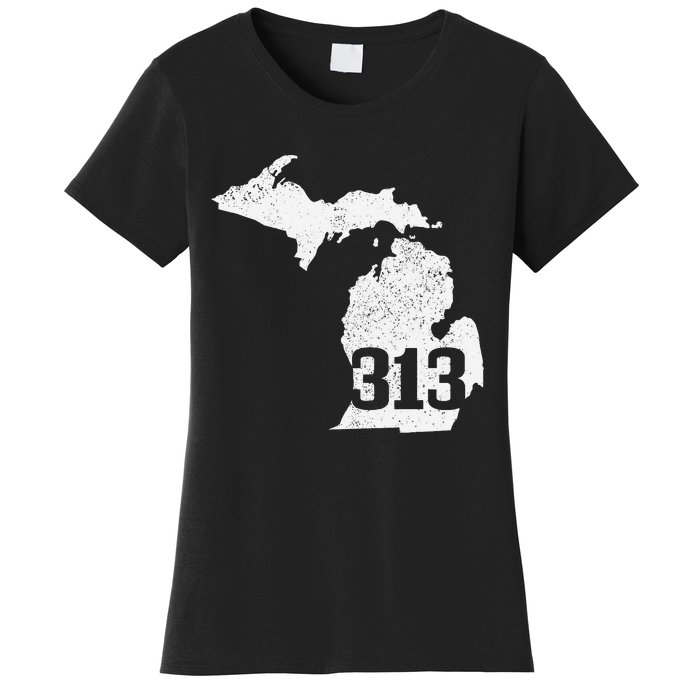 Detroit 313 Area Code Michigan Map State Pride Vintage Women's T-Shirt