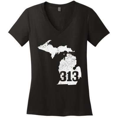 Detroit 313 Area Code Michigan Map State Pride Vintage Women's V-Neck T-Shirt