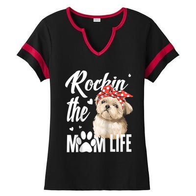 Dogs 365 Rockin The Shih Tzu Mom Life Dog Lover Ladies Halftime Notch Neck Tee