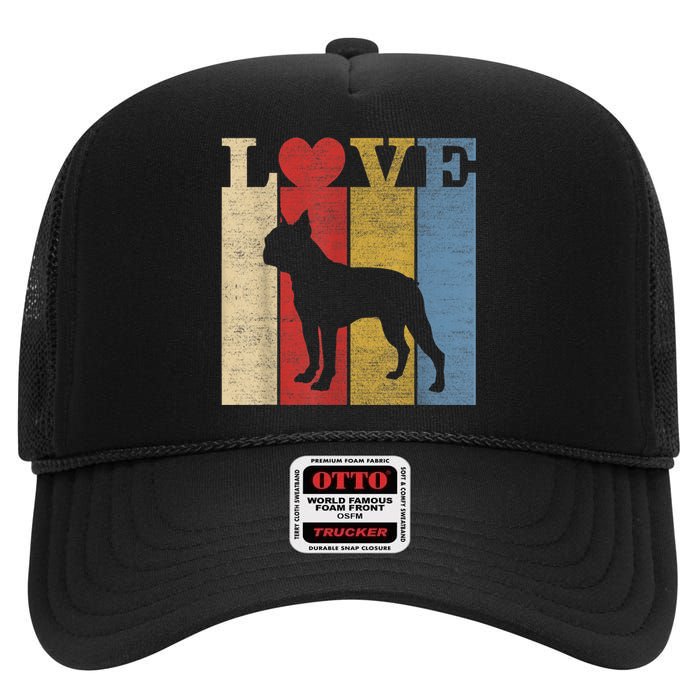 Dogs 365 Retro Love Boston Terrier Dog Vintage Gift High Crown Mesh Back Trucker Hat