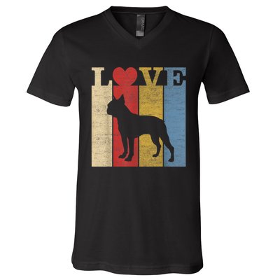 Dogs 365 Retro Love Boston Terrier Dog Vintage Gift V-Neck T-Shirt