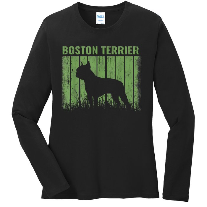 Dogs 365 Retro Boston Terrier Dog Vintage Gift Ladies Long Sleeve Shirt