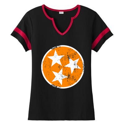 Distressed 3 Star Tn State Orange And White Tennessee Flag Ladies Halftime Notch Neck Tee