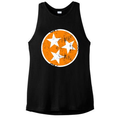 Distressed 3 Star Tn State Orange And White Tennessee Flag Ladies PosiCharge Tri-Blend Wicking Tank