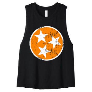 Distressed 3 Star Tn State Orange And White Tennessee Flag Women's Racerback Cropped Tank