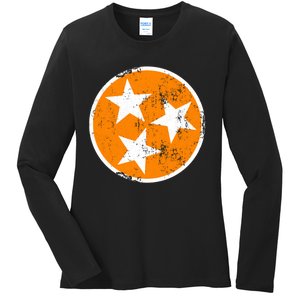 Distressed 3 Star Tn State Orange And White Tennessee Flag Ladies Long Sleeve Shirt