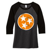 Distressed 3 Star Tn State Orange And White Tennessee Flag Women's Tri-Blend 3/4-Sleeve Raglan Shirt