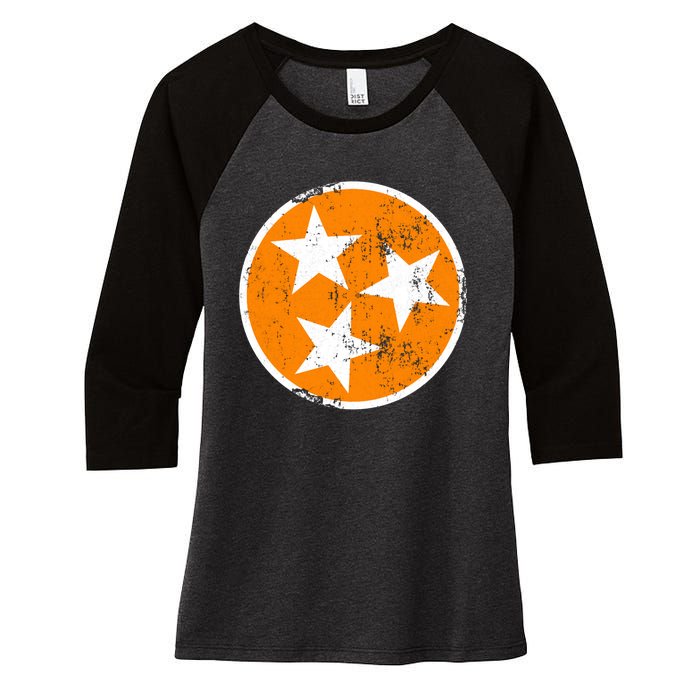 Distressed 3 Star Tn State Orange And White Tennessee Flag Women's Tri-Blend 3/4-Sleeve Raglan Shirt