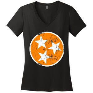 Distressed 3 Star Tn State Orange And White Tennessee Flag Women's V-Neck T-Shirt