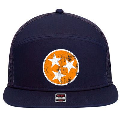 Distressed 3 Star Tn State Orange And White Tennessee Flag 7 Panel Mesh Trucker Snapback Hat