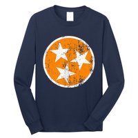 Distressed 3 Star Tn State Orange And White Tennessee Flag Long Sleeve Shirt