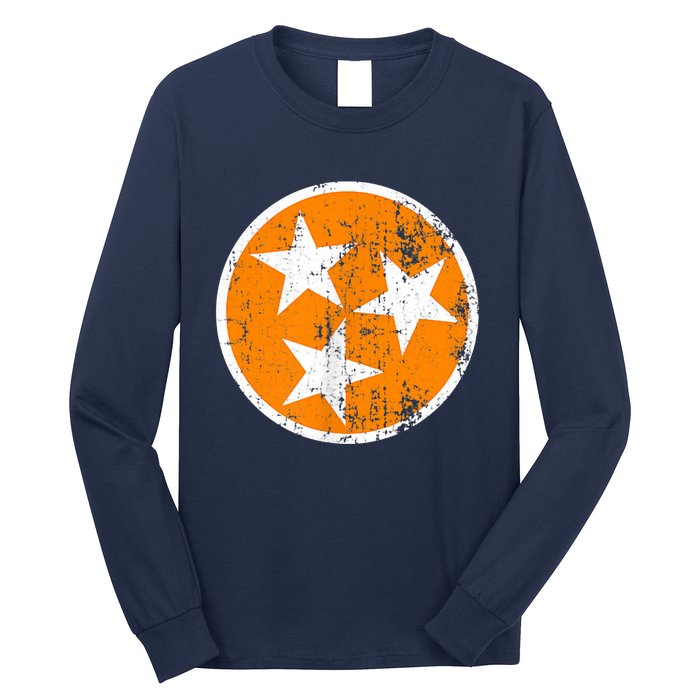 Distressed 3 Star Tn State Orange And White Tennessee Flag Long Sleeve Shirt