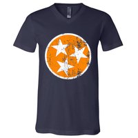 Distressed 3 Star Tn State Orange And White Tennessee Flag V-Neck T-Shirt