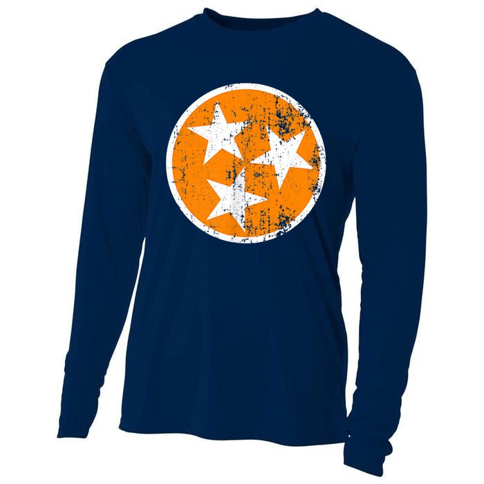 Distressed 3 Star Tn State Orange And White Tennessee Flag Cooling Performance Long Sleeve Crew