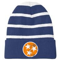 Distressed 3 Star Tn State Orange And White Tennessee Flag Striped Beanie with Solid Band