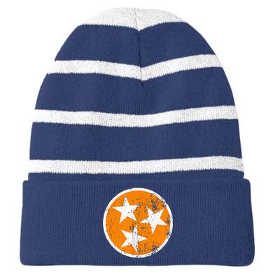 Distressed 3 Star Tn State Orange And White Tennessee Flag Striped Beanie with Solid Band