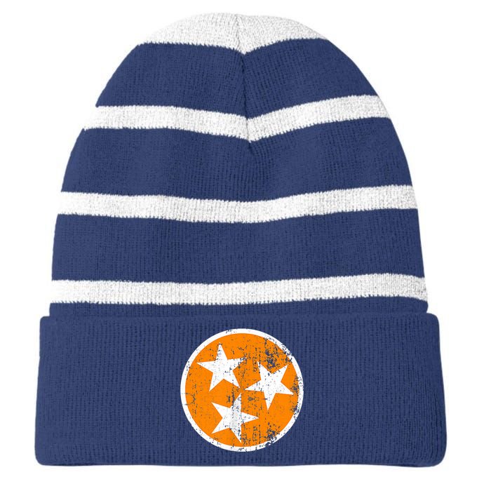 Distressed 3 Star Tn State Orange And White Tennessee Flag Striped Beanie with Solid Band