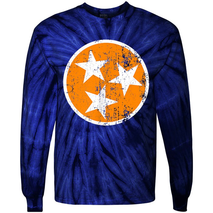 Distressed 3 Star Tn State Orange And White Tennessee Flag Tie-Dye Long Sleeve Shirt