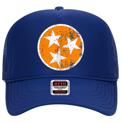 Distressed 3 Star Tn State Orange And White Tennessee Flag High Crown Mesh Back Trucker Hat