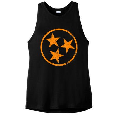 Distressed 3 Star Tn State Orange And White Tennessee Flag Ladies PosiCharge Tri-Blend Wicking Tank