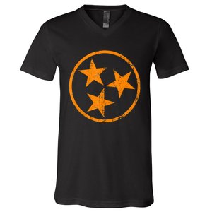 Distressed 3 Star Tn State Orange And White Tennessee Flag V-Neck T-Shirt