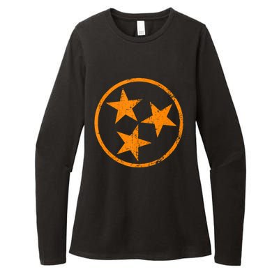 Distressed 3 Star Tn State Orange And White Tennessee Flag Womens CVC Long Sleeve Shirt