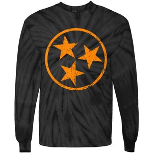 Distressed 3 Star Tn State Orange And White Tennessee Flag Tie-Dye Long Sleeve Shirt