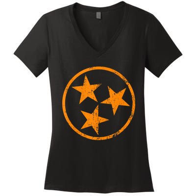 Distressed 3 Star Tn State Orange And White Tennessee Flag Women's V-Neck T-Shirt