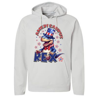 Dinosaur 4th Of July Amerisaurus T Rex Performance Fleece Hoodie