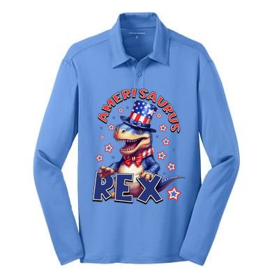 Dinosaur 4th Of July Amerisaurus T Rex Silk Touch Performance Long Sleeve Polo