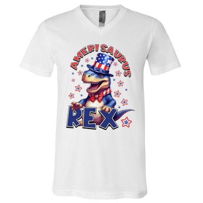 Dinosaur 4th Of July Amerisaurus T Rex V-Neck T-Shirt