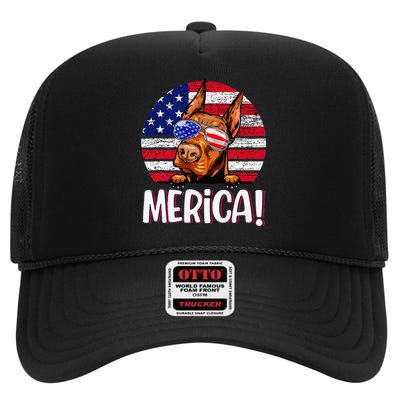 Doberman 4th Of July American Flag Dog High Crown Mesh Back Trucker Hat