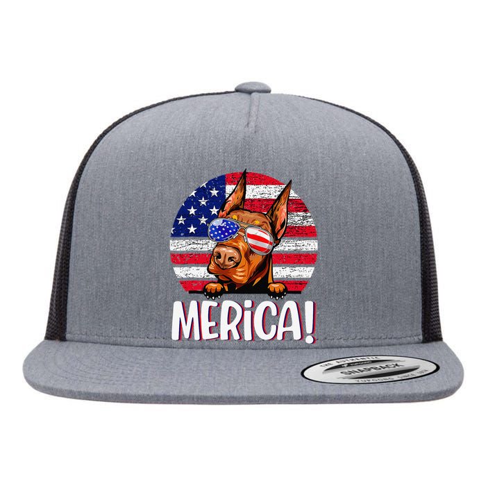 Doberman 4th Of July American Flag Dog Flat Bill Trucker Hat