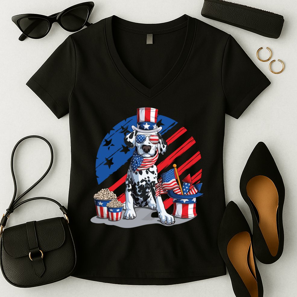Dalmatian 4th Of July American Sunglasses Dog Puppy Usa Gift Women's V-Neck T-Shirt