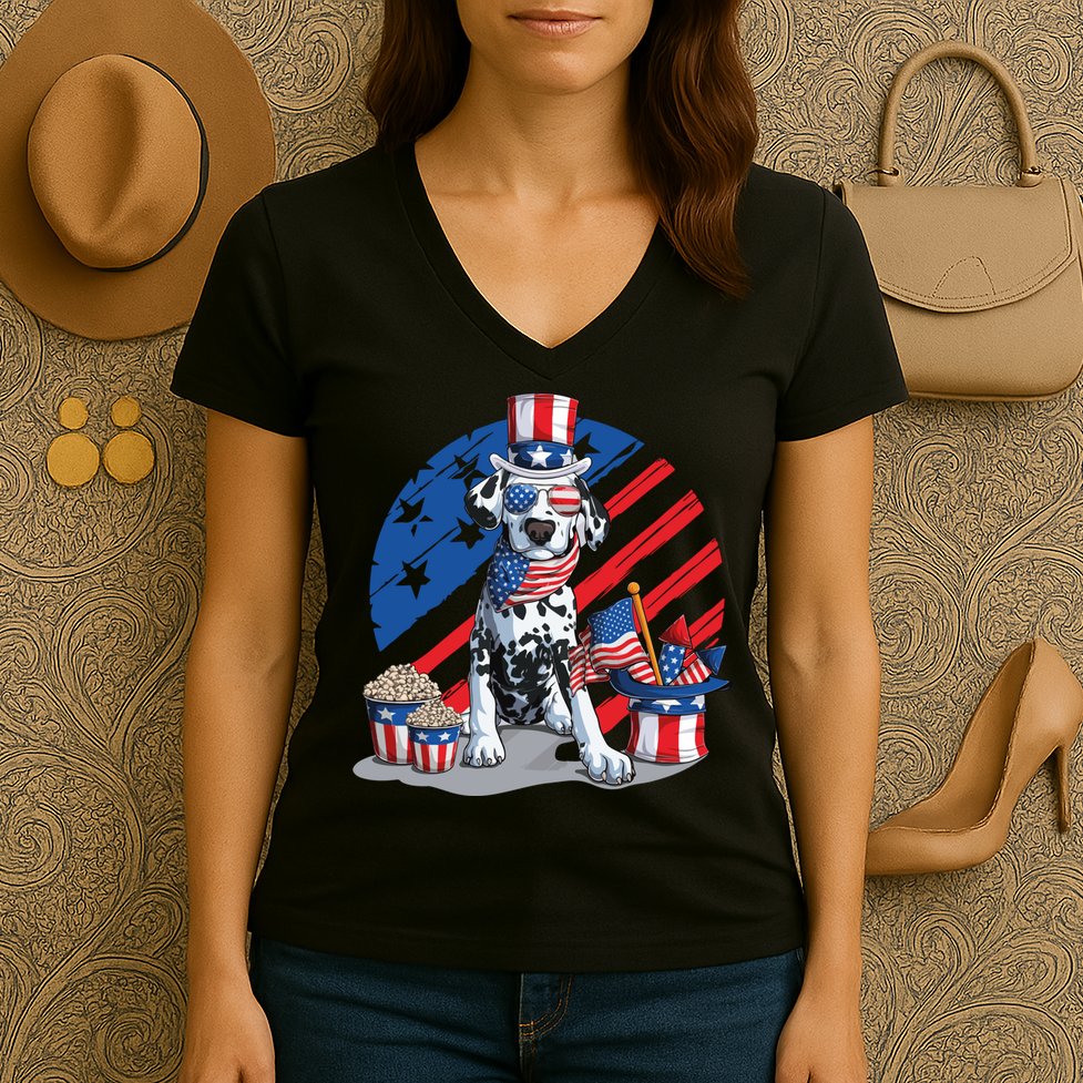 Dalmatian 4th Of July American Sunglasses Dog Puppy Usa Gift Women's V-Neck T-Shirt