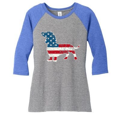 Dachshund 4th Of July American Flag Dog Lovers Women's Tri-Blend 3/4-Sleeve Raglan Shirt