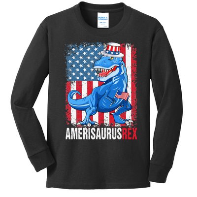 Dinosaur 4th of July Amerisaurus T Rex Funny Kids Long Sleeve Shirt