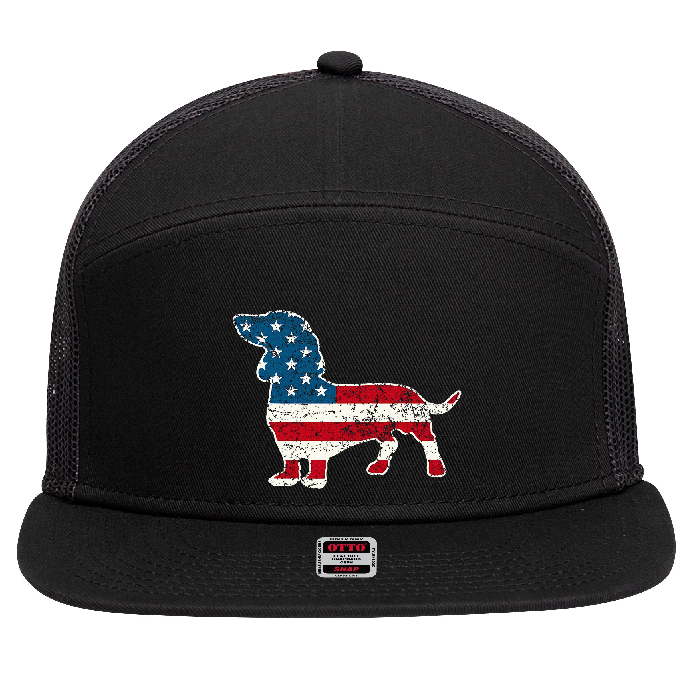 Dachshund 4th Of July American Flag Dog Lovers 7 Panel Mesh Trucker Snapback Hat