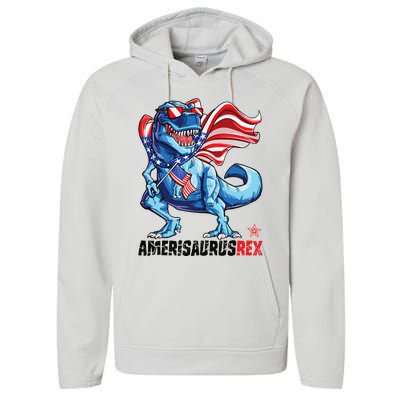 Dinosaur 4th of July T Rex Amerisaurus American Flag Performance Fleece Hoodie