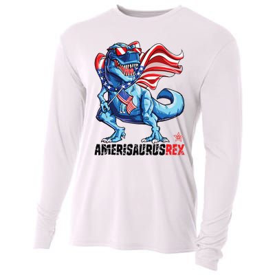 Dinosaur 4th of July T Rex Amerisaurus American Flag Cooling Performance Long Sleeve Crew