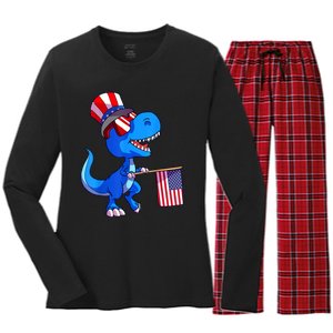 Dinosaur 4th Of July USA Flag Dino Boy July 4 Women's Long Sleeve Flannel Pajama Set 