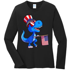 Dinosaur 4th Of July USA Flag Dino Boy July 4 Ladies Long Sleeve Shirt