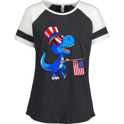 Dinosaur 4th of July USA Flag Dino July 4 Enza Ladies Jersey Colorblock Tee