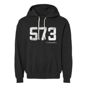 Distressed 573 Area Code Columbia Missouri Garment-Dyed Fleece Hoodie